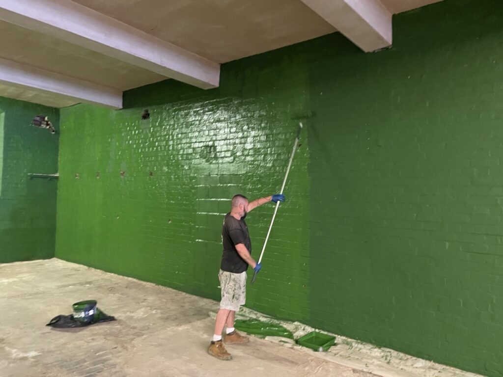 Good progress on the green walls has been made, and the second coat is now starting to go on.